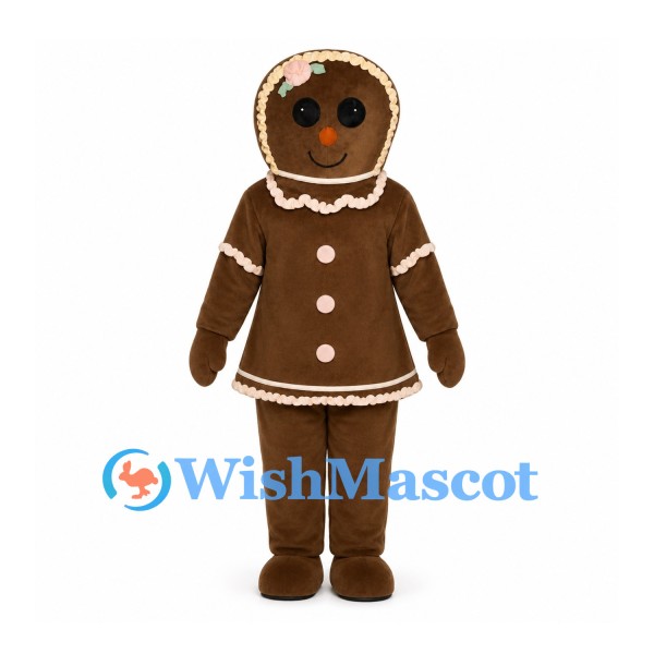 Gingerbread Girl Mascot Costume with Brown Dress and White Icing Details