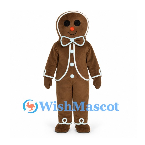 Gingerbread Man Mascot Costume with Bow Tie and White Icing Details