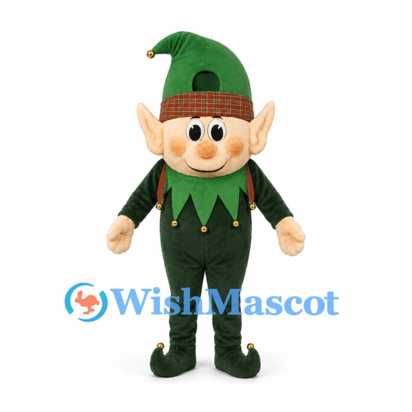 Christmas Elf Mascot Costume with Green Hat and Red Collar Trim