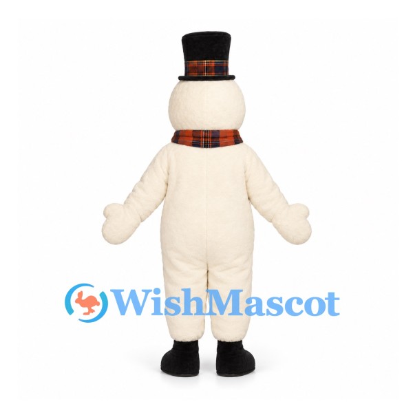 Snowman Mascot Costume with Black Top Hat and Orange Plaid Scarf