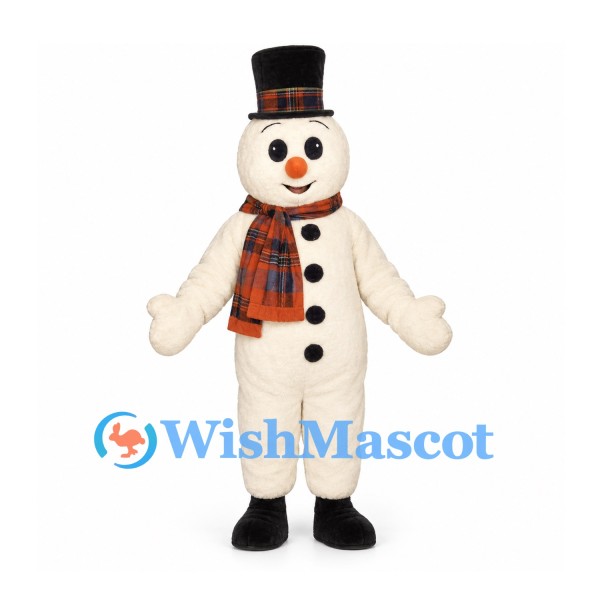 Snowman Mascot Costume with Black Top Hat and Orange Plaid Scarf