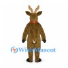 Reindeer Mascot Costume in Brown with Red Nose and Gold Antlers