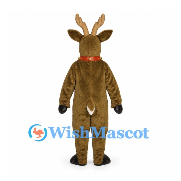 Reindeer Mascot Costume in Brown with Red Nose and Gold Antlers