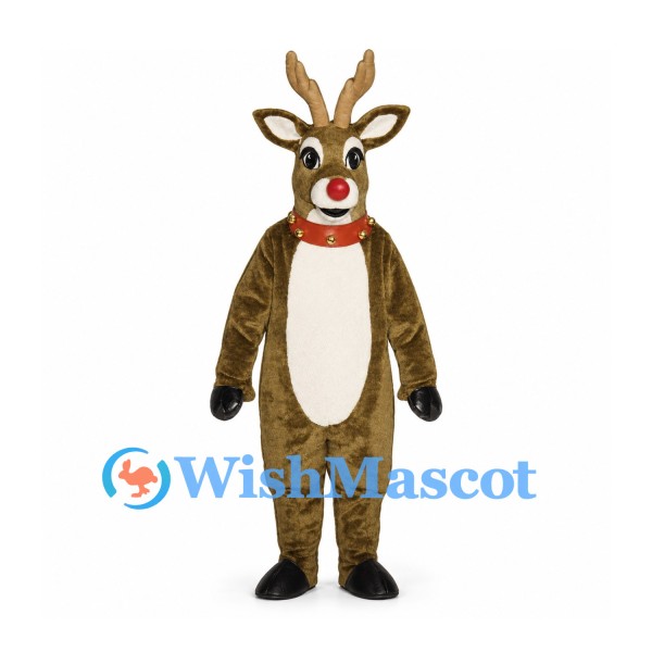 Reindeer Mascot Costume in Brown with Red Nose and Gold Antlers