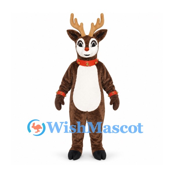 Reindeer Mascot Costume in Brown with White Belly and Bell Collar