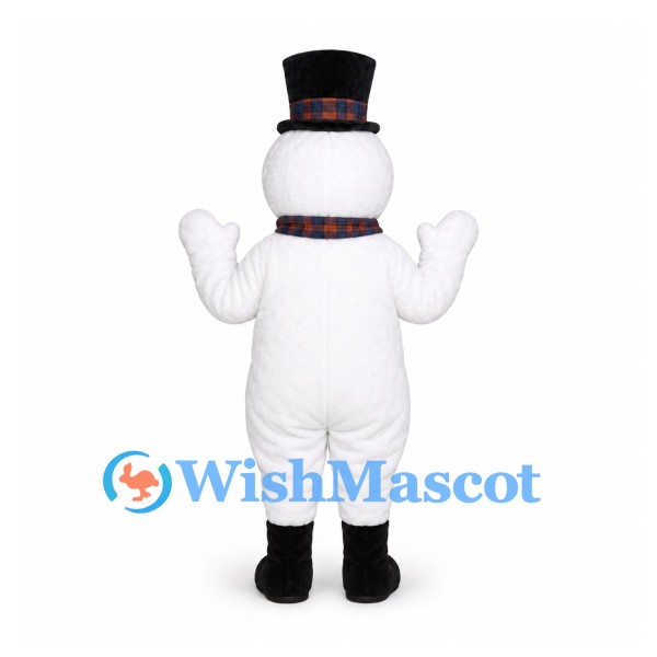 Snowman Mascot Costume with Black Top Hat and Plaid Scarf