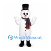 Snowman Mascot Costume with Black Top Hat and Plaid Scarf