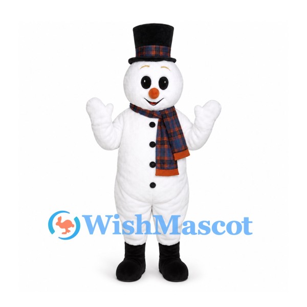 Snowman Mascot Costume with Black Top Hat and Plaid Scarf