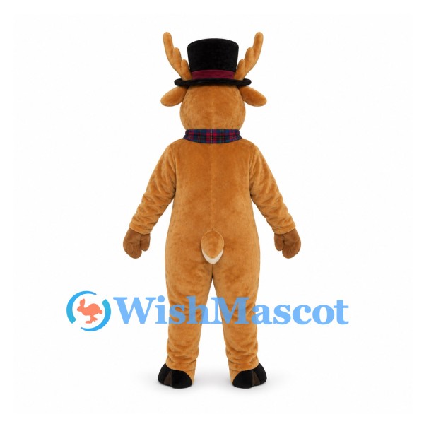Reindeer Mascot Costume with Black Top Hat and Plaid Scarf