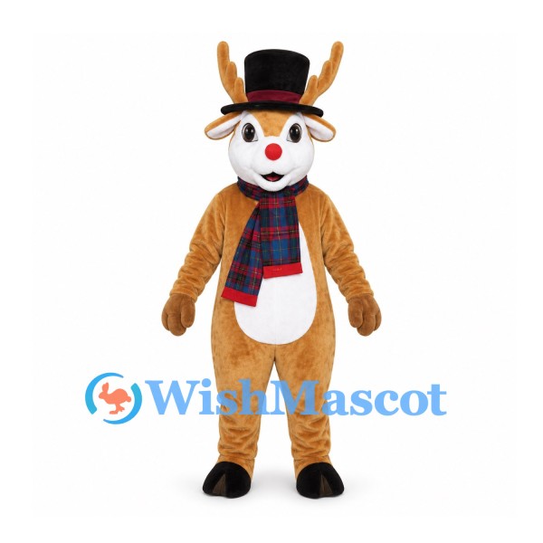 Reindeer Mascot Costume with Black Top Hat and Plaid Scarf