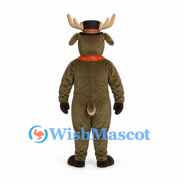 Reindeer Mascot Costume with Black Top Hat and Red Bib Detail