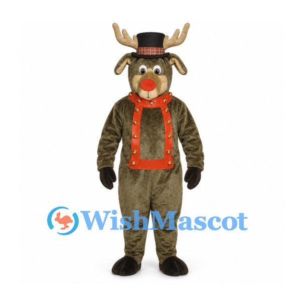 Reindeer Mascot Costume with Black Top Hat and Red Bib Detail