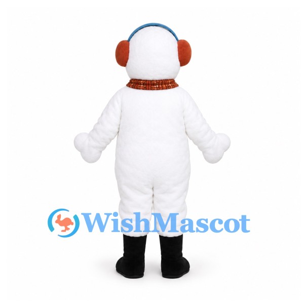Snowman Mascot Costume with Red Earmuffs and Plaid Scarf