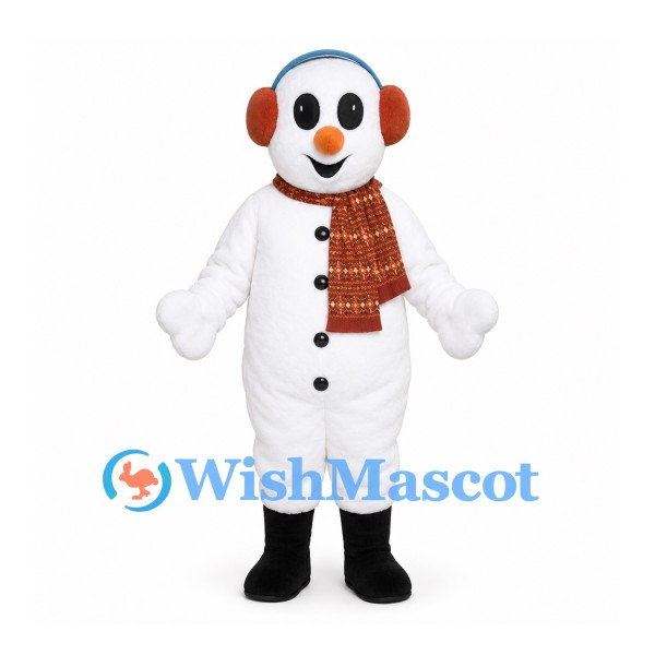 Snowman Mascot Costume with Red Earmuffs and Plaid Scarf