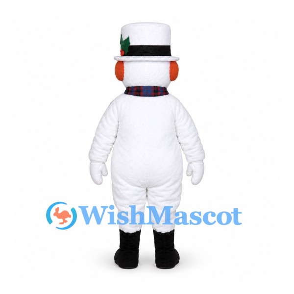Snowman Mascot Costume with Black Top Hat and Blue Plaid Scarf