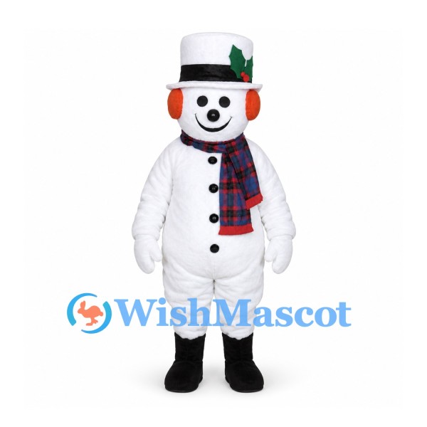 Snowman Mascot Costume with Black Top Hat and Blue Plaid Scarf