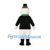 Snowman Mascot Costume with Black Jacket and Green Scarf