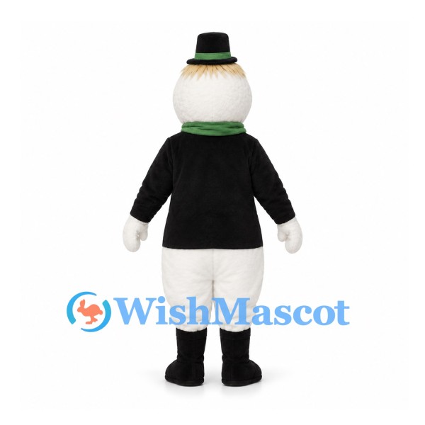 Snowman Mascot Costume with Black Jacket and Green Scarf