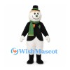 Snowman Mascot Costume with Black Jacket and Green Scarf