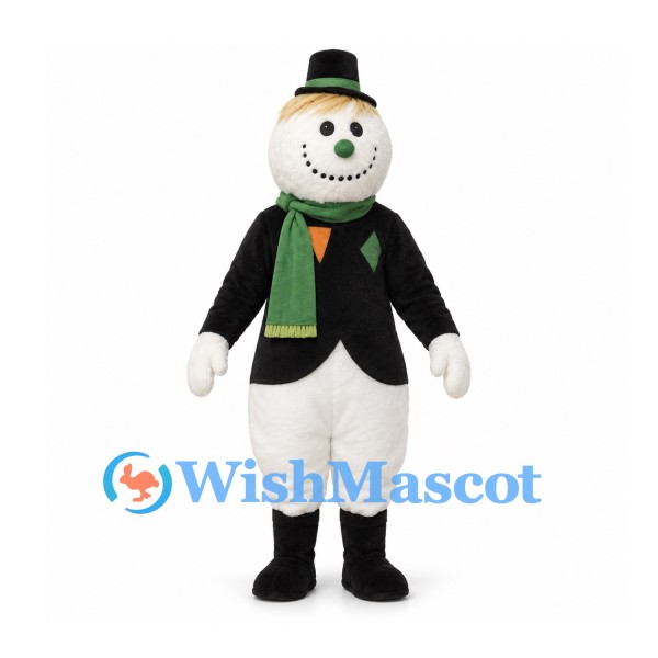 Snowman Mascot Costume with Black Jacket and Green Scarf