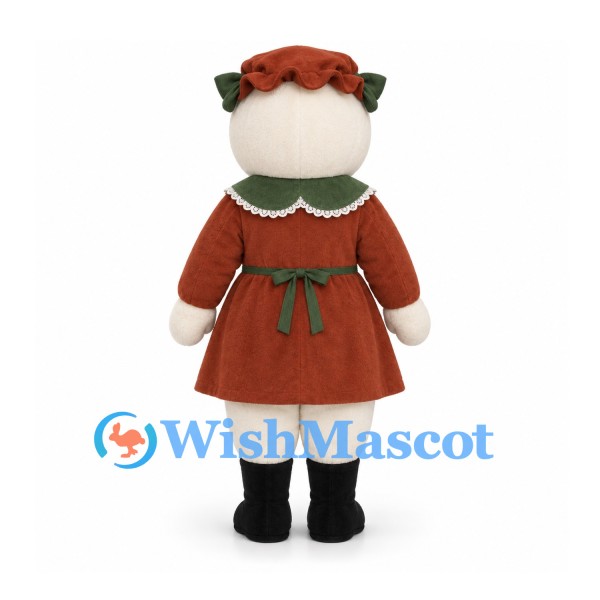 Snowwoman Mascot Costume with Red Dress and Green Apron