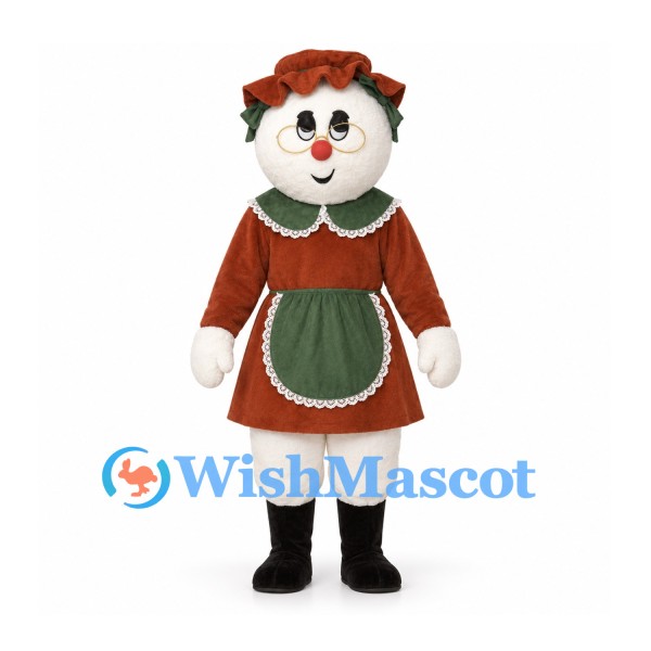 Snowwoman Mascot Costume with Red Dress and Green Apron