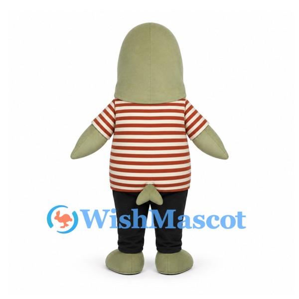 Fish Mascot Costume in Green with Red Striped Shirt