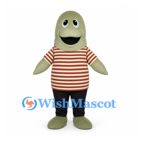 Fish Mascot Costume in Green with Red Striped Shirt