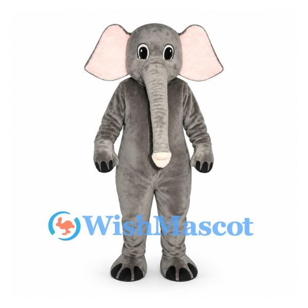 Elephant Mascot Costume in Gray with Pink Ears and Long Trunk