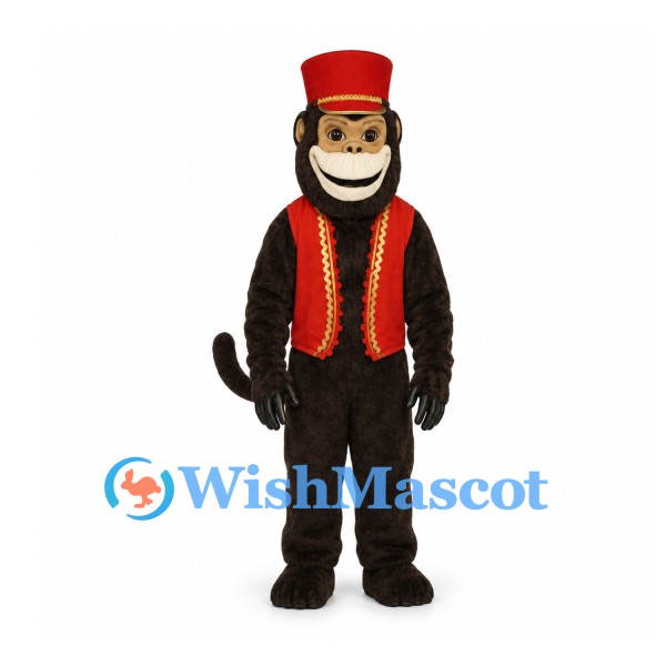 Monkey Mascot Costume with Red Hat and Gold Trimmed Vest