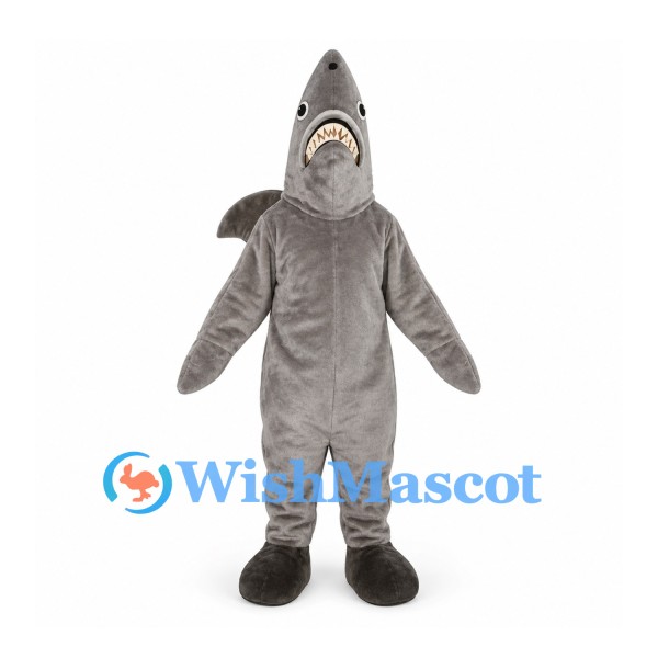 Shark Mascot Costume in Gray with Pointed Head and Toothy Mouth
