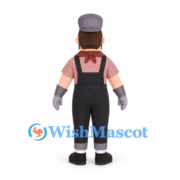 Worker Mascot Costume with Gray Cap and Black Overalls