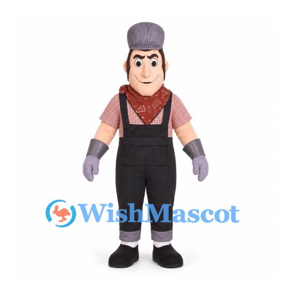Worker Mascot Costume with Gray Cap and Black Overalls