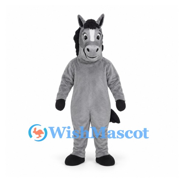 Donkey Mascot Costume in Gray with Black Mane and Tail