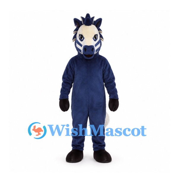 Horse Mascot Costume in Navy Blue with White Mane and Face Markings
