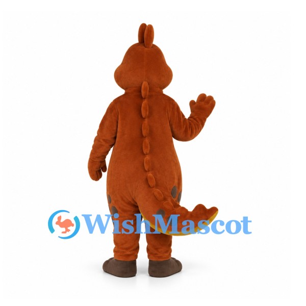 Dinosaur Mascot Costume in Orange with Yellow Belly and Brown Spots