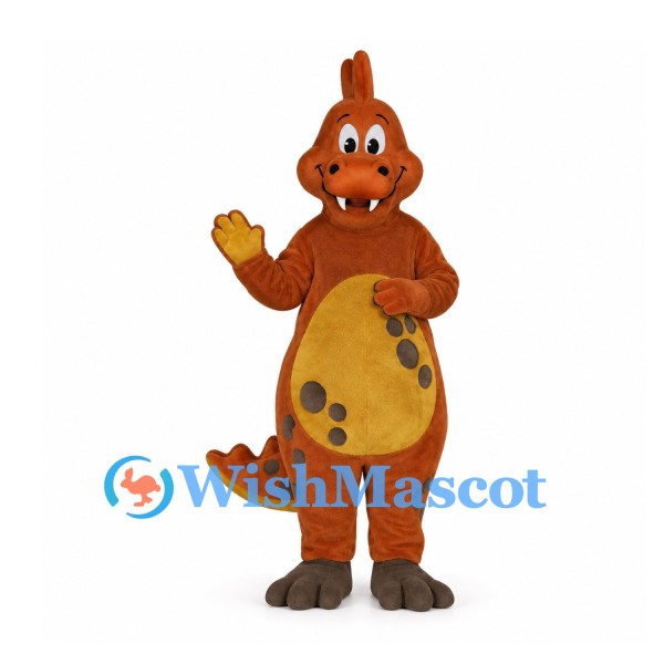 Dinosaur Mascot Costume in Orange with Yellow Belly and Brown Spots