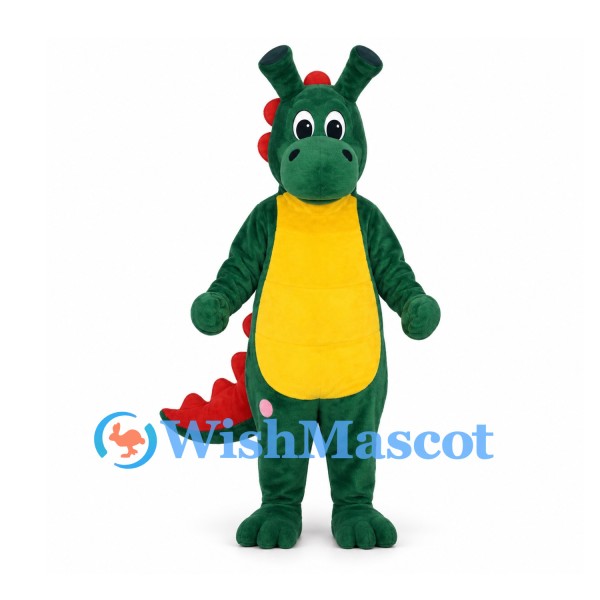 Dragon Mascot Costume in Green with Red Spikes and Yellow Belly
