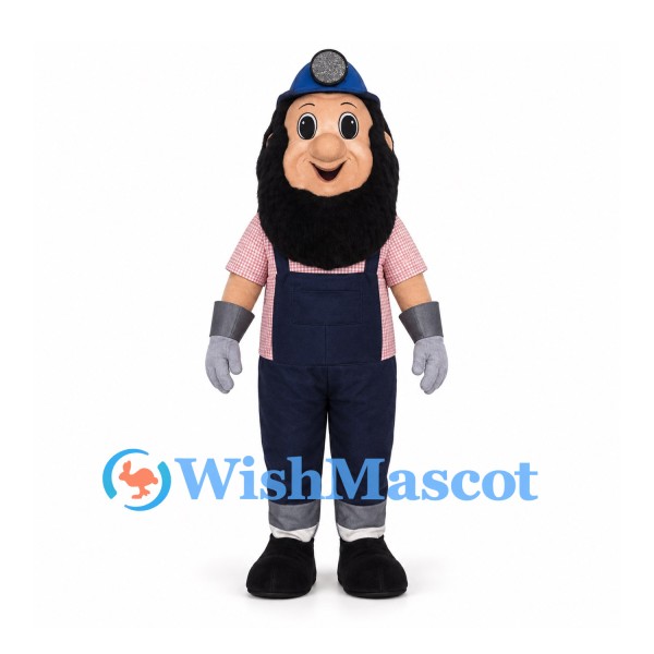 Miner Mascot Costume with Blue Helmet and Navy Overalls