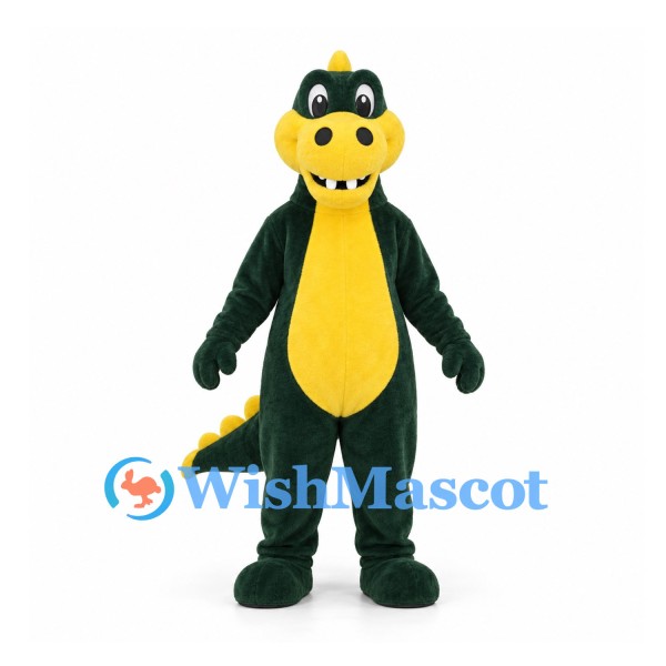 Dinosaur Mascot Costume in Dark Green with Yellow Belly and Spikes