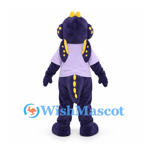 Dragon Mascot Costume in Purple with Lavender Shirt and Yellow Spots