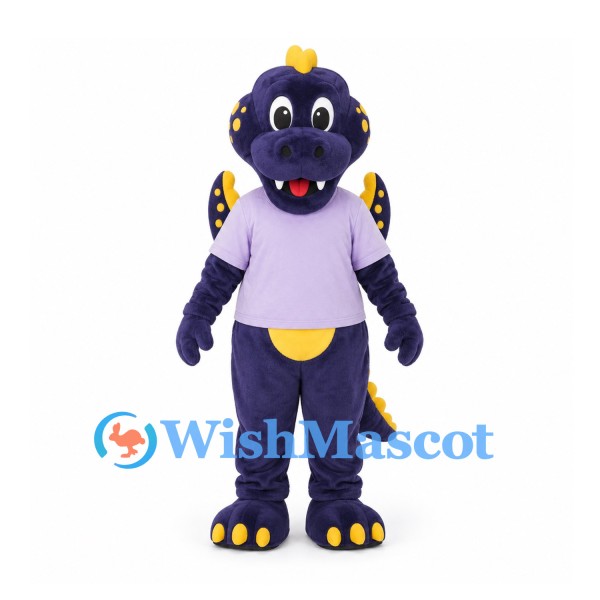 Dragon Mascot Costume in Purple with Lavender Shirt and Yellow Spots