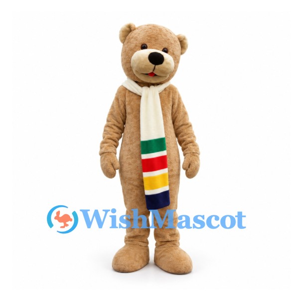 Bear Mascot Costume in Tan with Multicolor Striped Scarf