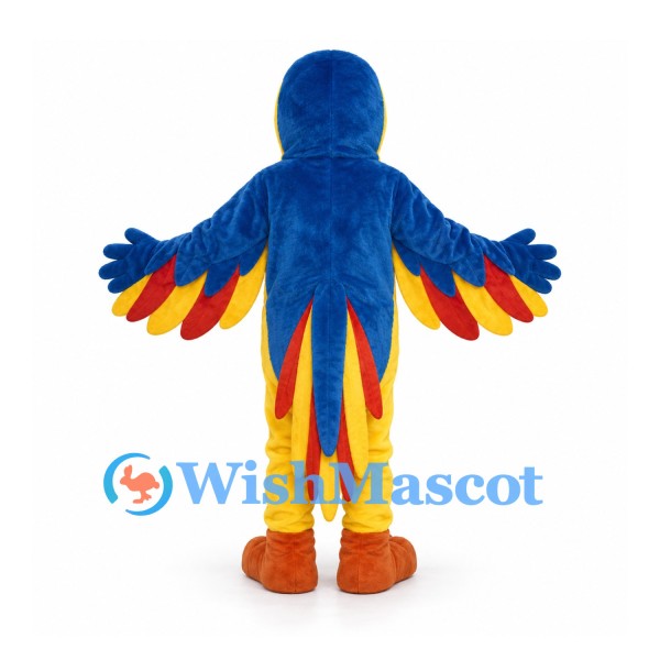 Parrot Mascot Costume in Blue and Yellow with Colorful Wing Feathers