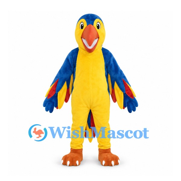 Parrot Mascot Costume in Blue and Yellow with Colorful Wing Feathers
