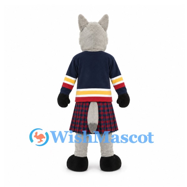 Wolf Mascot Costume with Navy Shirt and Red Plaid Kilt