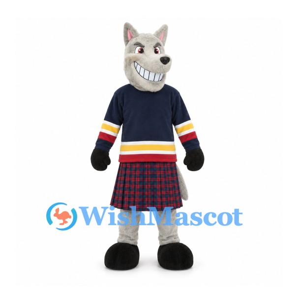 Wolf Mascot Costume with Navy Shirt and Red Plaid Kilt