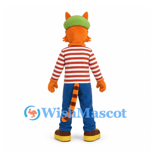 Cat Mascot Costume in Orange with Striped Shirt and Green Cap