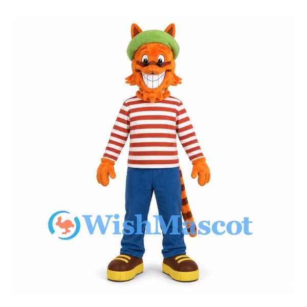 Cat Mascot Costume in Orange with Striped Shirt and Green Cap