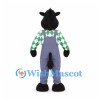 Horse Mascot Costume in Black with Argyle Shirt and Gray Overalls
